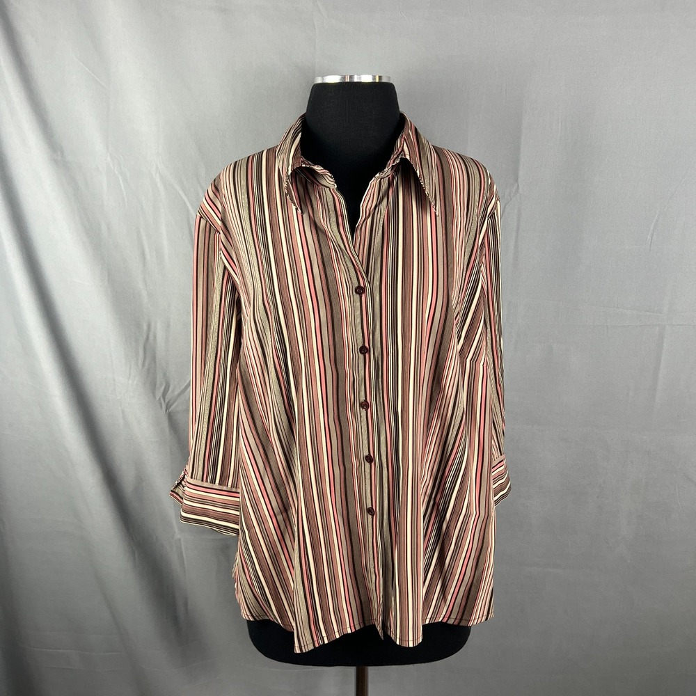 Como Shirt Womens 1X Multicolor Striped Stretch 3/4 Sleeve Casual Button Front